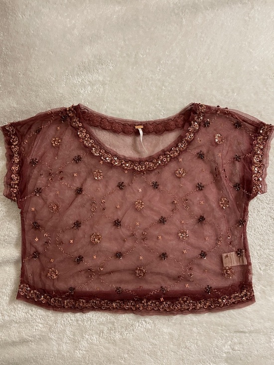 Free People Tops - Embroidered Sheer Burnt Mauve Crop Top